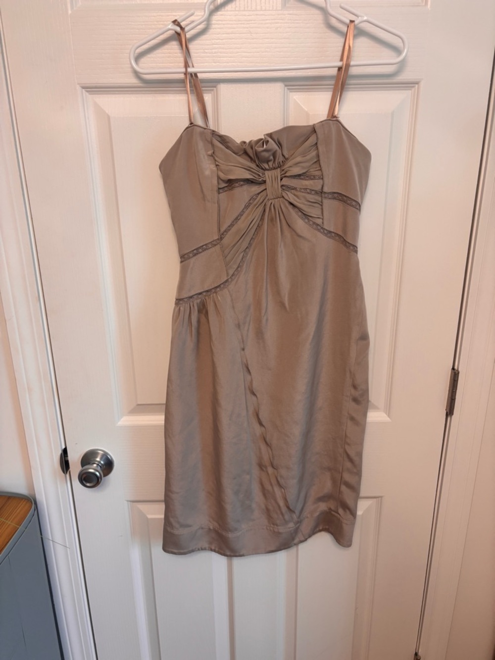 BCBGMaxAzria Runway Taupe Satin Bow-Front Mini Dress
